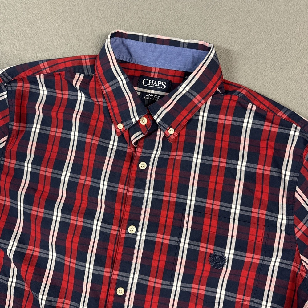 Chaps Shirt Mens XL Blue Red Plaid Check Stretch Long Sleeve Button Easy Care